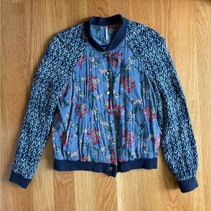 Free People Blue Floral Button-Up Bomber Jacket